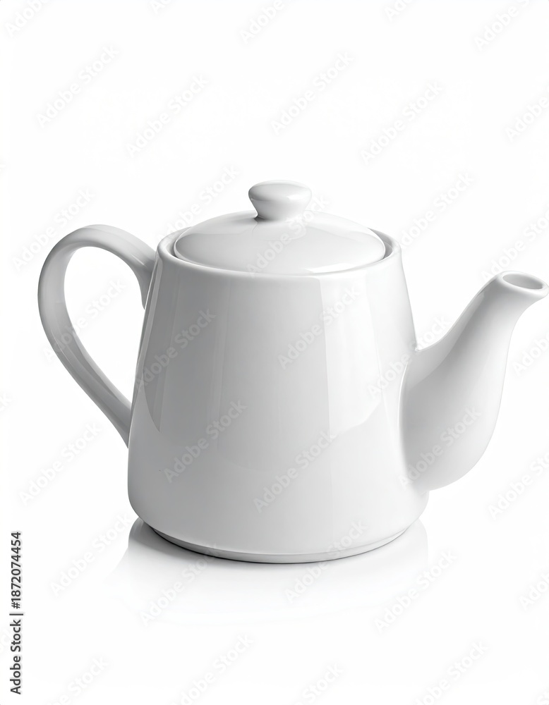 Fototapeta premium White ceramic teapot sits on white background, ready to brew tea, for a moment of relaxation