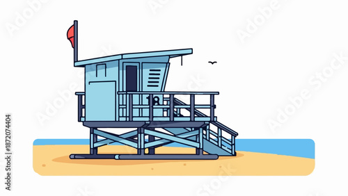 A light blue lifeguard tower with a red flag stands on a sandy beach next to the ocean