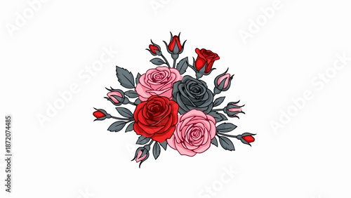 A digital illustration of a rose bouquet with red, pink, and gray blooms and buds