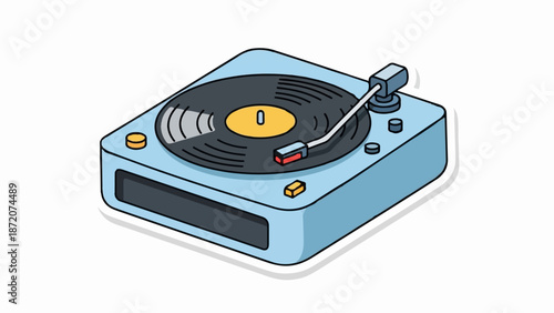 A light blue record player with a vinyl disk and tonearm on a white background