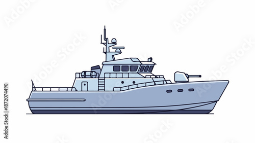 A light blue patrol boat with a gun on the deck, viewed from the side