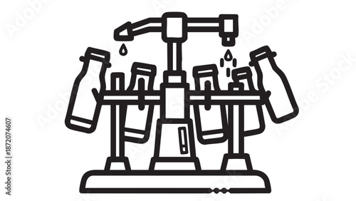 Industrial machinery filling bottles with liquid in a factory setting