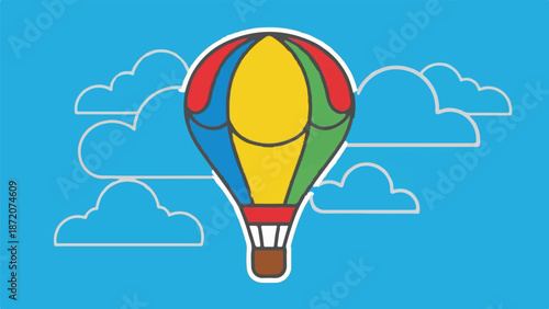 A colorful hot air balloon drifts through a bright blue sky with simple white clouds