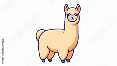 A cute, cartoon llama with light orange fur and blue hooves stands facing left