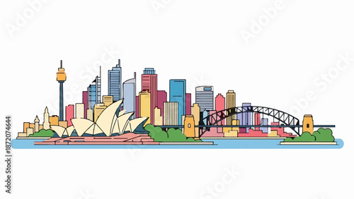 A colorful, graphic illustration of a city skyline with famous landmarks and water
