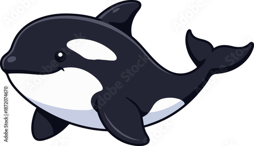 A cute cartoon killer whale with distinctive black and white markings swims playfully