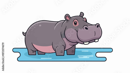 A cute cartoon hippopotamus stands partially submerged in bright blue water against a white background