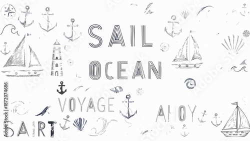 Nautical vector illustrations with sailboat, lighthouse, anchors, waves, and shells, creating a charming maritime theme for design projects. Maritime vector artwork with sailboat, lighthouse, anchors