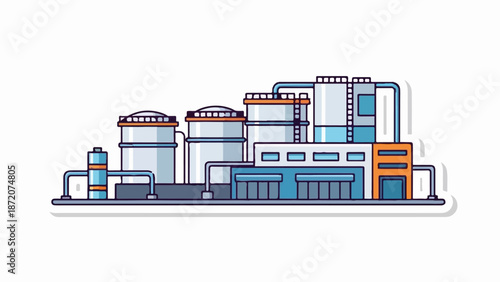 A colorful, flat illustration of industrial storage tanks and buildings
