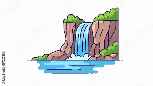 A colorful, flat illustration of a waterfall cascading down rocky cliffs into a serene blue body of water