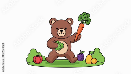 A cute brown bear sits among green bushes holding a carrot and lettuce