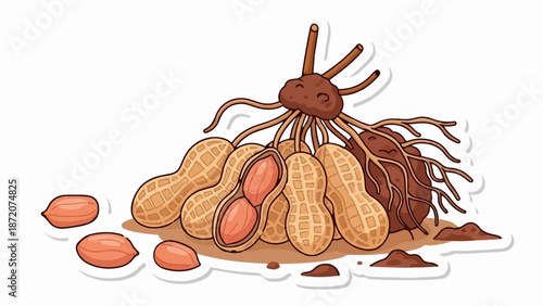 A cute bunch of peanuts with roots and soil, plus loose nuts