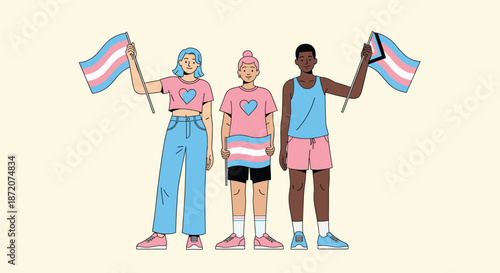 Group of diverse friends holding transgender pride flags celebrating equality support awareness and LGBTQ community inclusion illustration