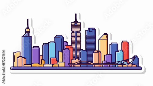 A colorful, flat, illustrated cityscape with diverse skyscrapers and a prominent bridge