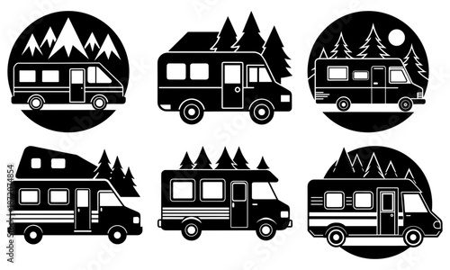 Six Camper Vans with Mountain and Forest Scenery on White Background recreational vehicle