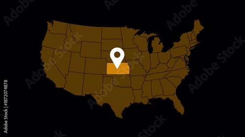 High quality 4K animation of the Kansas state map with a location pin marker. Clean motion graphic suitable for navigation, travel, business location, presentations