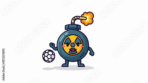 A cute, animated bomb character with a nuclear symbol plays with a soccer ball