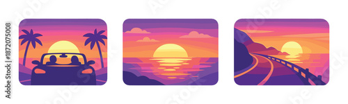 Vibrant sunset beach triptych: car ride, ocean view, coastal road