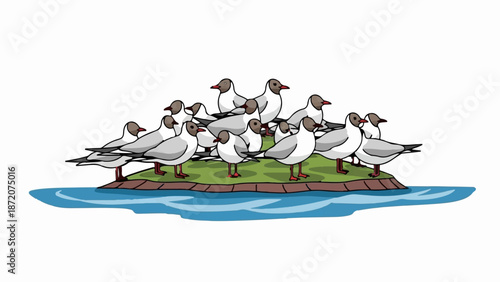 A crowded group of brown-headed gulls with white and gray feathers on a small green island in blue water