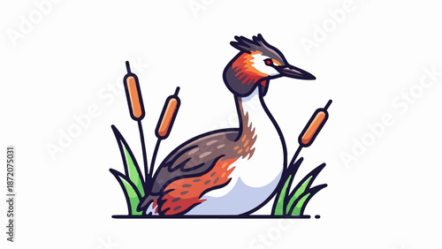 A crested bird rests among reeds in a colorful illustration