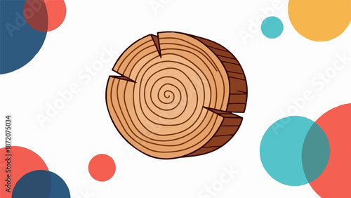 A cross-section of a log with concentric rings and cracks, surrounded by abstract colorful circles
