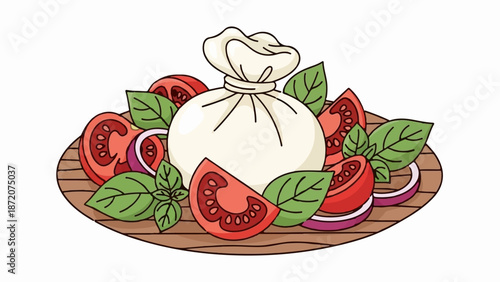 A creamy cheese ball is artfully arranged with fresh tomatoes, red onions, and basil leaves on a wooden platter