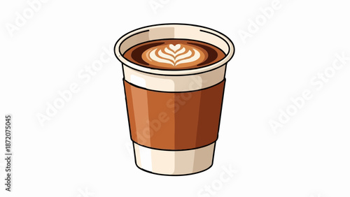 A disposable cup holds a hot coffee with latte art