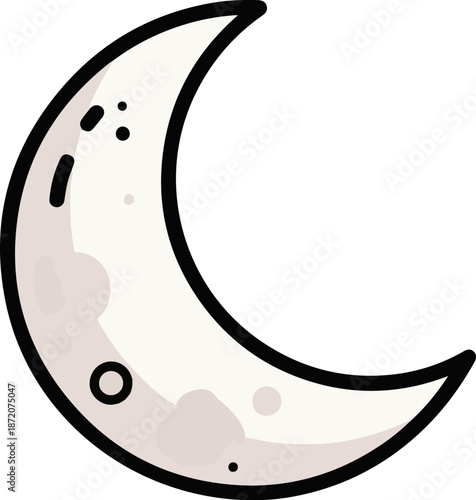A crescent moon with a textured surface and dark outlines