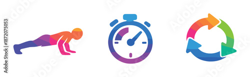 Colorful fitness icons: exercise, time management, and cycle concept