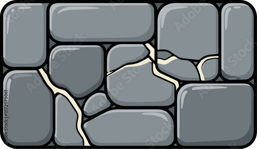 A cracked, stylized stone wall with rounded blocks and light colored grout