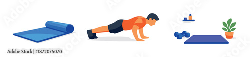 Digital fitness scene with exercise mat, push-up pose, and home gym equipment