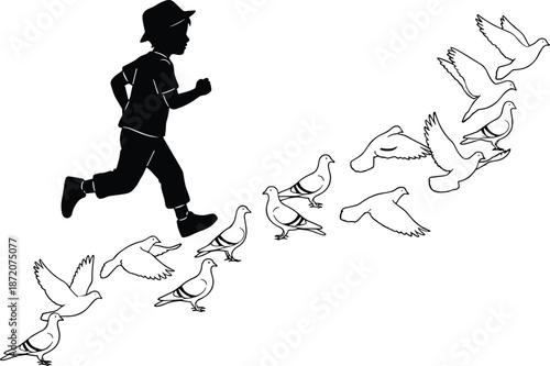 Child running silhouette, birds flying, outdoor nature scene, black vector art, dynamic motion, playful moment, wildlife interaction, grassy field