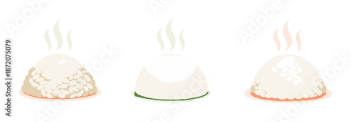 Three glowing rice mounds with colorful flames on gradient background