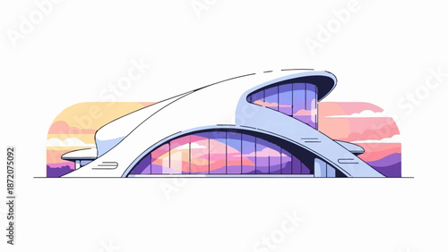 A futuristic white building with curved lines and large glass windows reflecting a colorful sunset