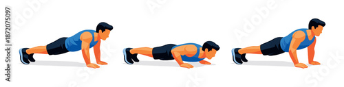 Male exercise push-up sequence animation showing three key stages