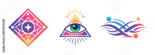 Colorful geometric symbols and illuminati eye on gradient background