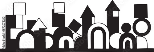 Geometric Cityscape with Black and White Shapes and Forms