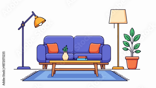A living room scene with a blue couch, coffee table, plants, and lamps