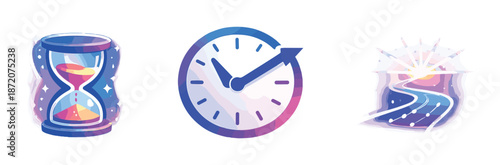 Colorful abstract symbols of time with hourglass clock and bright path