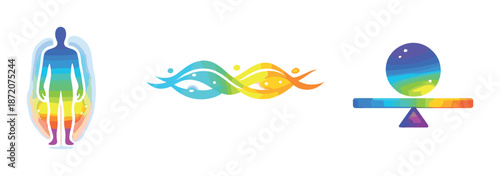 Abstract neon energy balance concept with human figure and geometric shapes