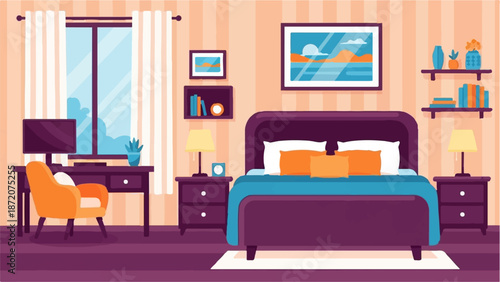 A cozy bedroom with a bed, desk, chair, and decor