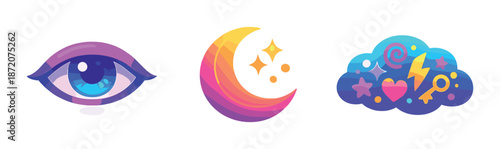 Vibrant psychedelic eye moon cloud icons with neon glow on dark background