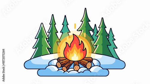 A cozy campfire crackles amidst snow-covered pine trees in a stylized winter scene