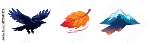 Abstract symbols: raven, autumn leaf, snowy mountain in gradient light