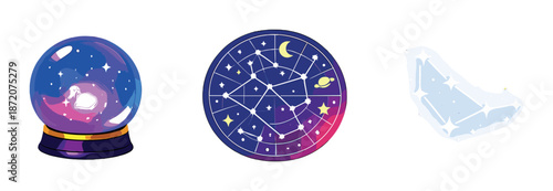 Mystical crystal ball with cosmic map and star constellation display on gradient background