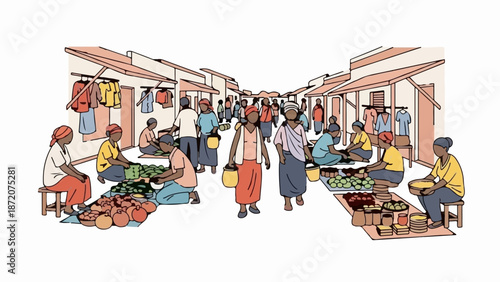 A lively outdoor market scene with vendors selling produce and clothes under awnings