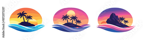 Vibrant island sunset illustrations with palm trees and waves