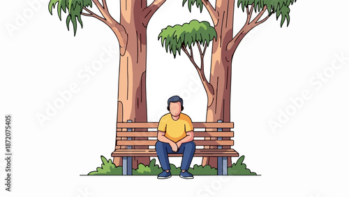 A lone individual rests on a park bench beneath two large trees