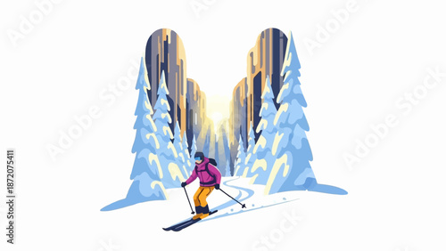 A lone skier descends a snowy mountain path between snow-laden fir trees