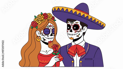 A couple dressed in traditional Dia de Muertos attire, adorned with sugar skull face paint